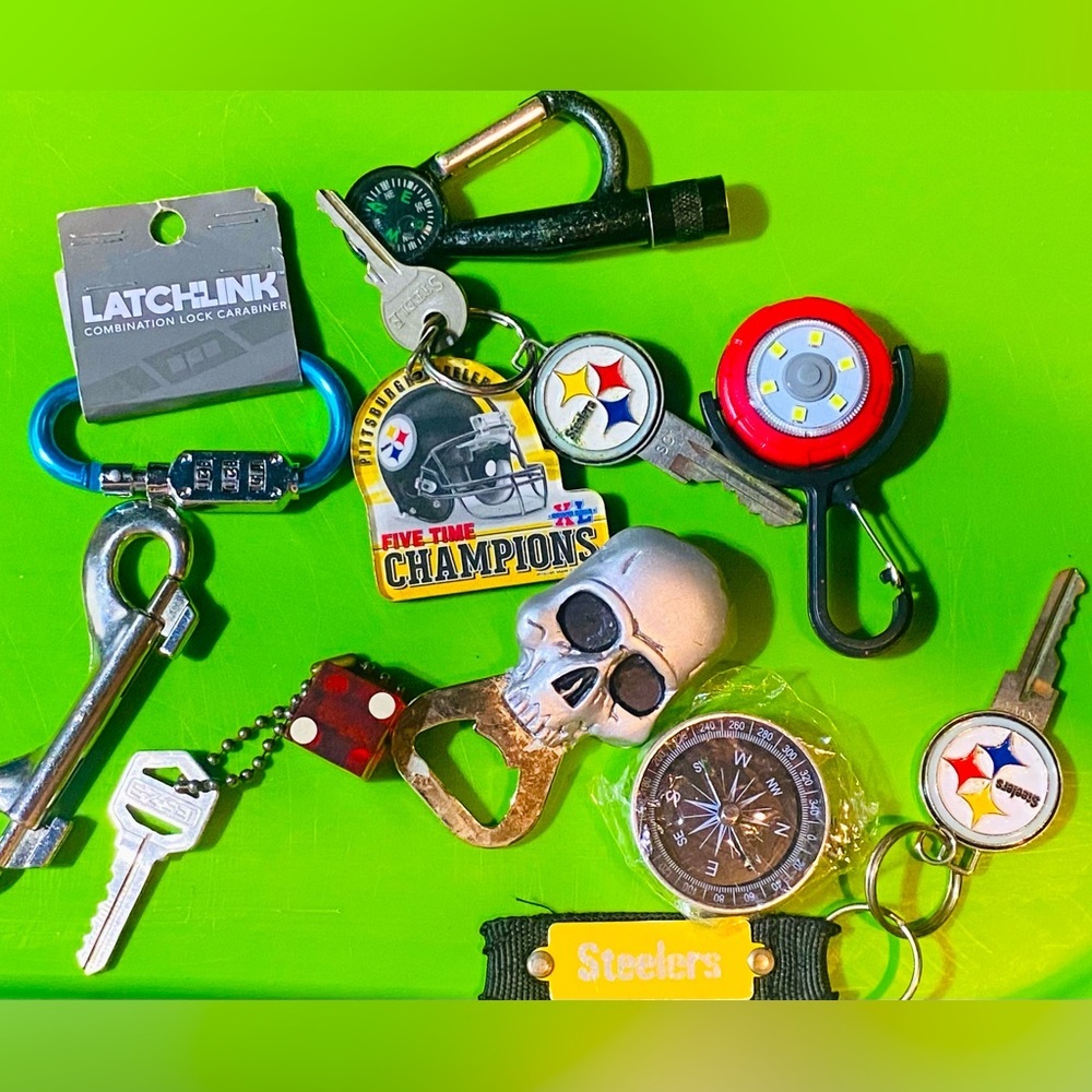 Vintage Keychains, bottle opener, latchlink, and compass